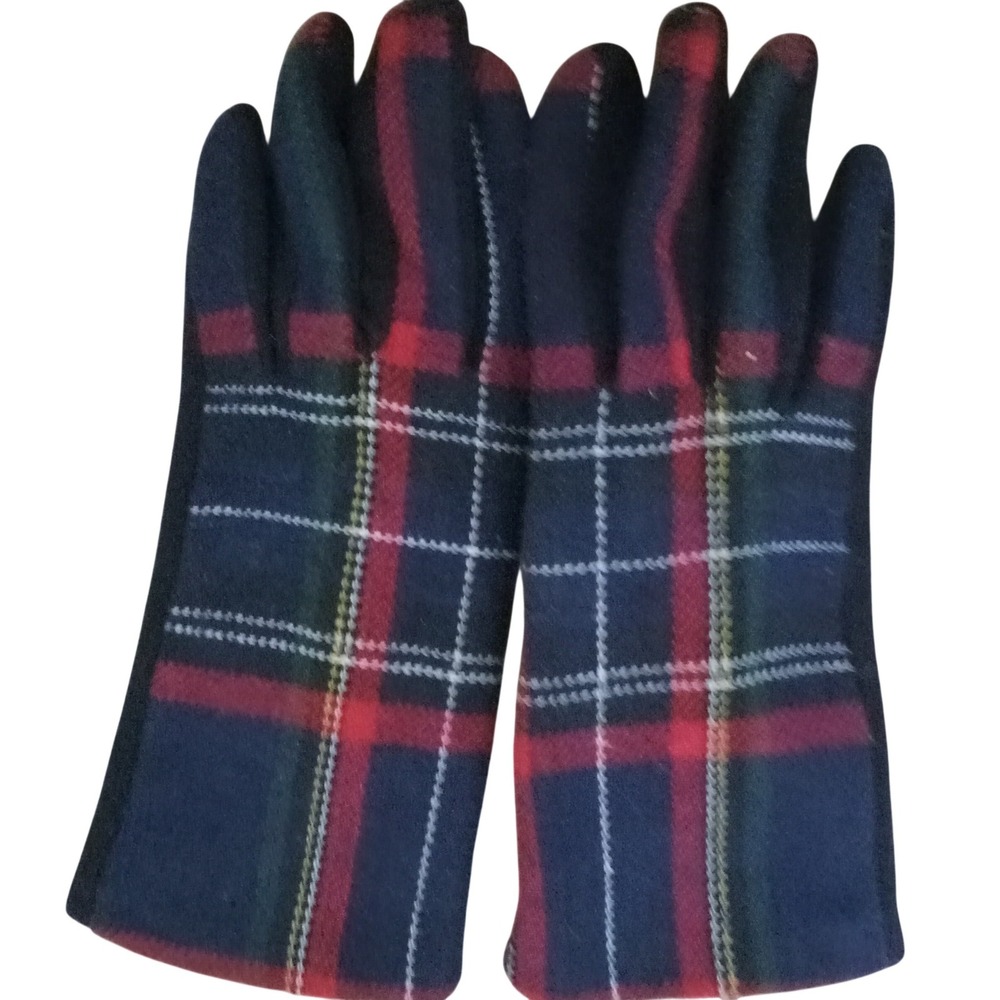 Mud Pie Womens Navy Blue Red Tartan Plaid Fleece Lined Touchscreen Tech Gloves